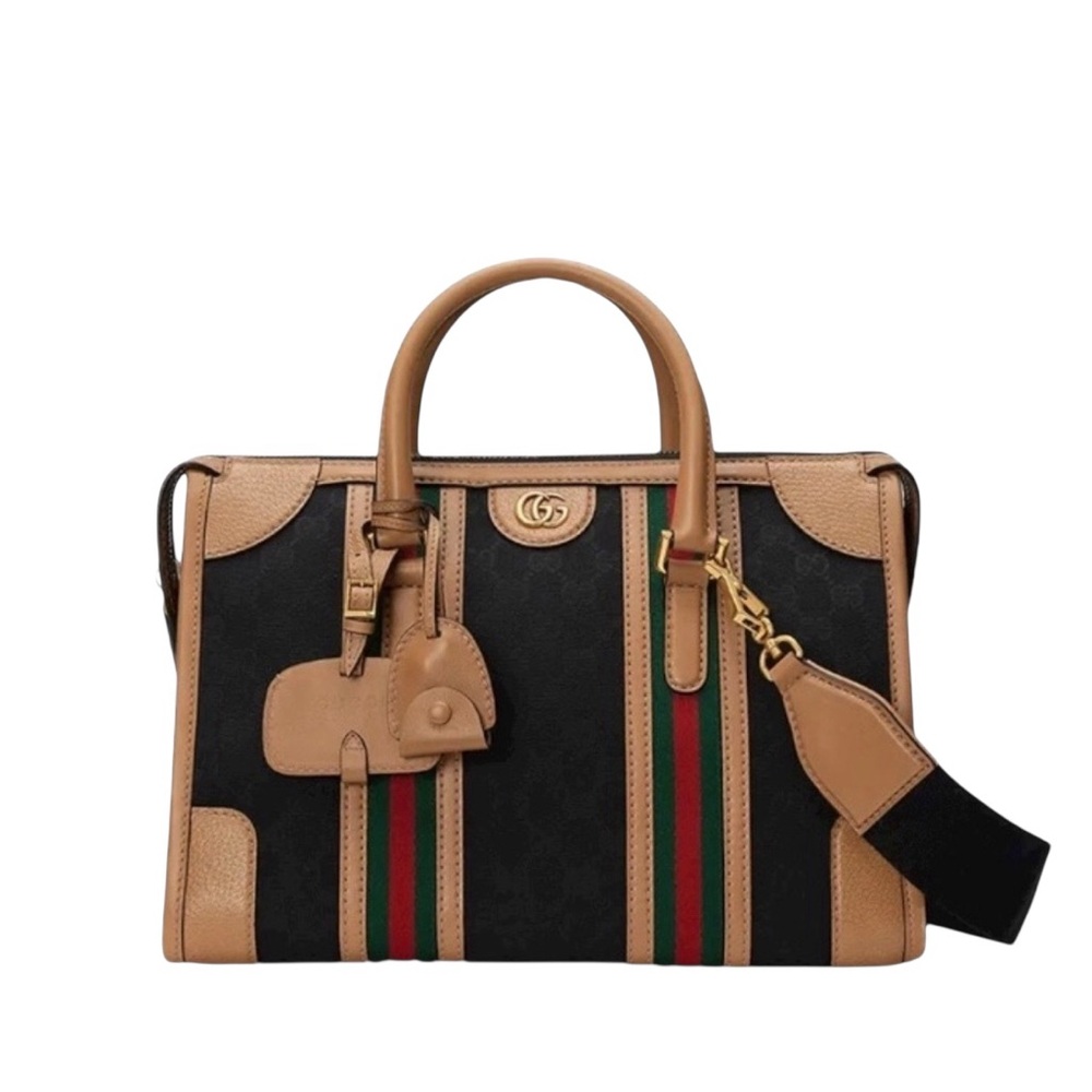 Gucci Bauletto Medium GG Canvas Leather Trim Dual Top Handle Duffle CrossbodyBag